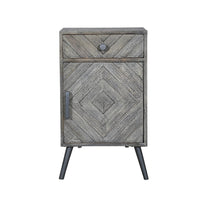 Shon 26 Inch Chevron Pattern Wood Bedside Nightstand, 1 Cabinet Door, 1 Drawer, Distressed Gray - UPT-230849