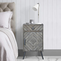 Shon 26 Inch Chevron Pattern Wood Bedside Nightstand, 1 Cabinet Door, 1 Drawer, Distressed Gray - UPT-230849