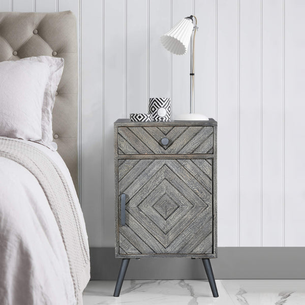 Shon 26 Inch Chevron Pattern Wood Bedside Nightstand, 1 Cabinet Door, 1 Drawer, Distressed Gray - UPT-230849