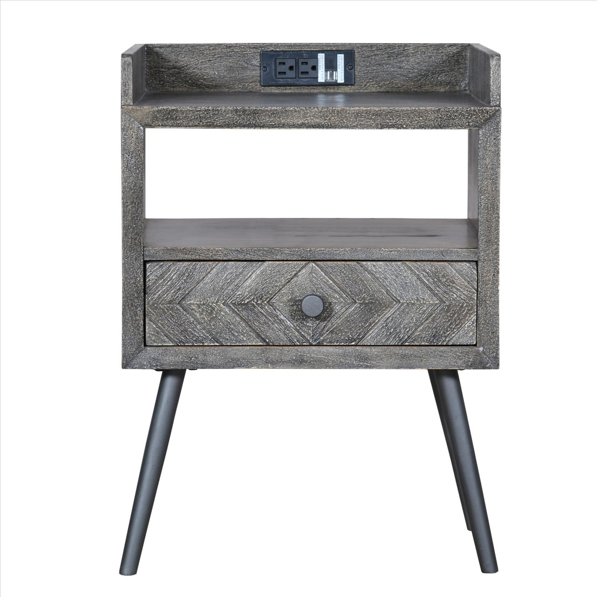 Shon 25 Inch Raised Top Wood End Side Table Nightstand with USB, Power Outlet, Distressed Gray - UPT-230851