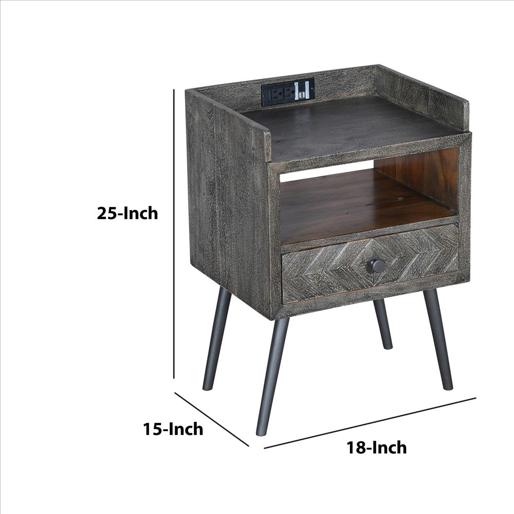 Shon 25 Inch Raised Top Wood End Side Table Nightstand with USB, Power Outlet, Distressed Gray - UPT-230851