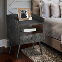 Shon 25 Inch Raised Top Wood End Side Table Nightstand with USB, Power Outlet, Distressed Gray - UPT-230851