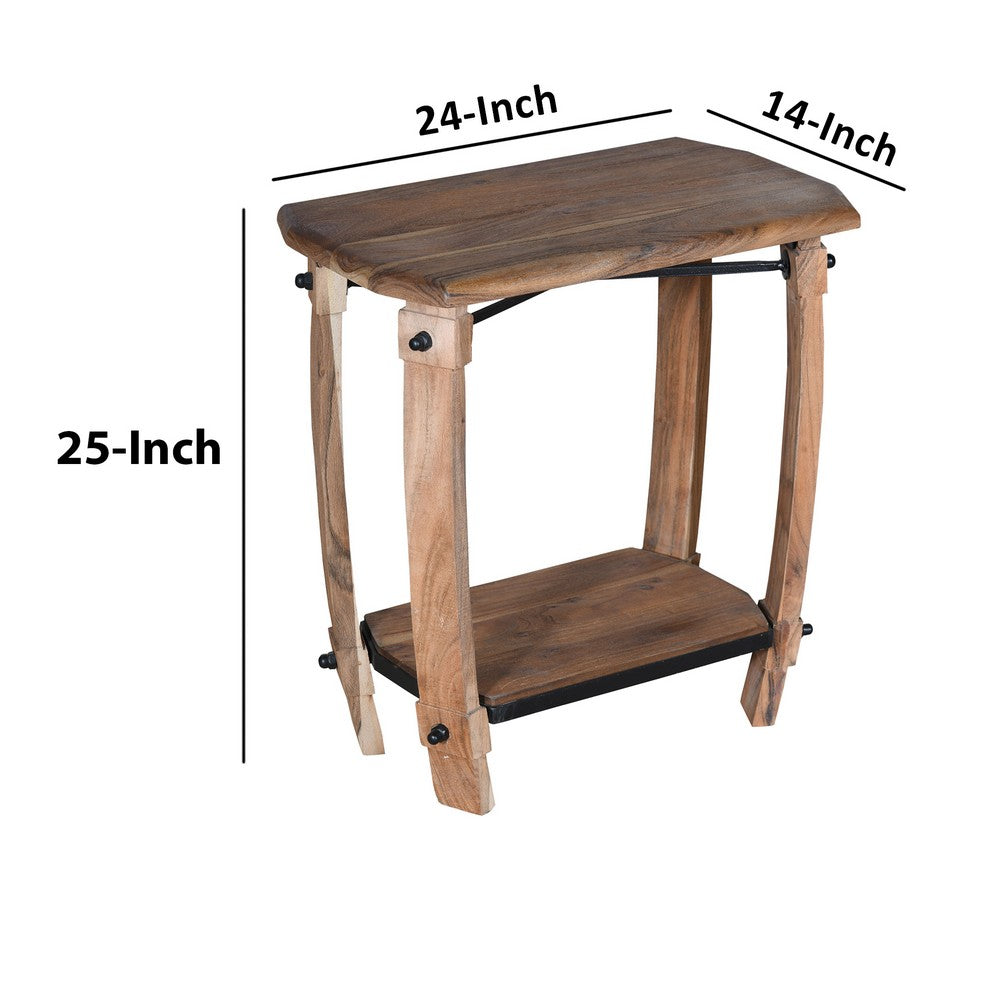 Ken 25 Inch Retro Rectangular Live Edge Acacia Wood Side End Accent Table with Bottom Shelf, Natural Brown - UPT-230853