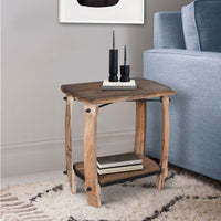 Ken 25 Inch Retro Rectangular Live Edge Acacia Wood Side End Accent Table with Bottom Shelf, Natural Brown - UPT-230853