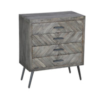 Shon 33 Inch Chevron Pattern Wood 4 Drawer Accent Dresser Chest with Angled Metal Legs, Distressed Gray - UPT-230855