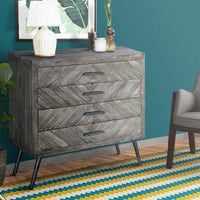 Shon 33 Inch Chevron Pattern Wood 4 Drawer Accent Dresser Chest with Angled Metal Legs, Distressed Gray - UPT-230855