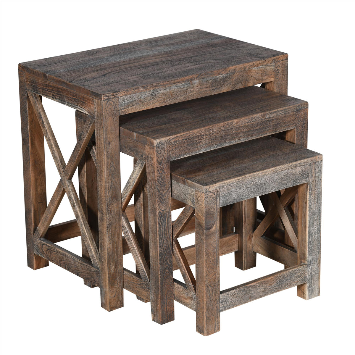 Rustic Rectangular Farmhouse Mango Wood Nesting Table with X Side Panels, Set of 3, Brown - UPT-230857