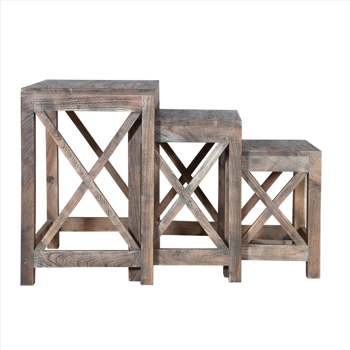 Rustic Rectangular Farmhouse Mango Wood Nesting Table with X Side Panels, Set of 3, Brown - UPT-230857