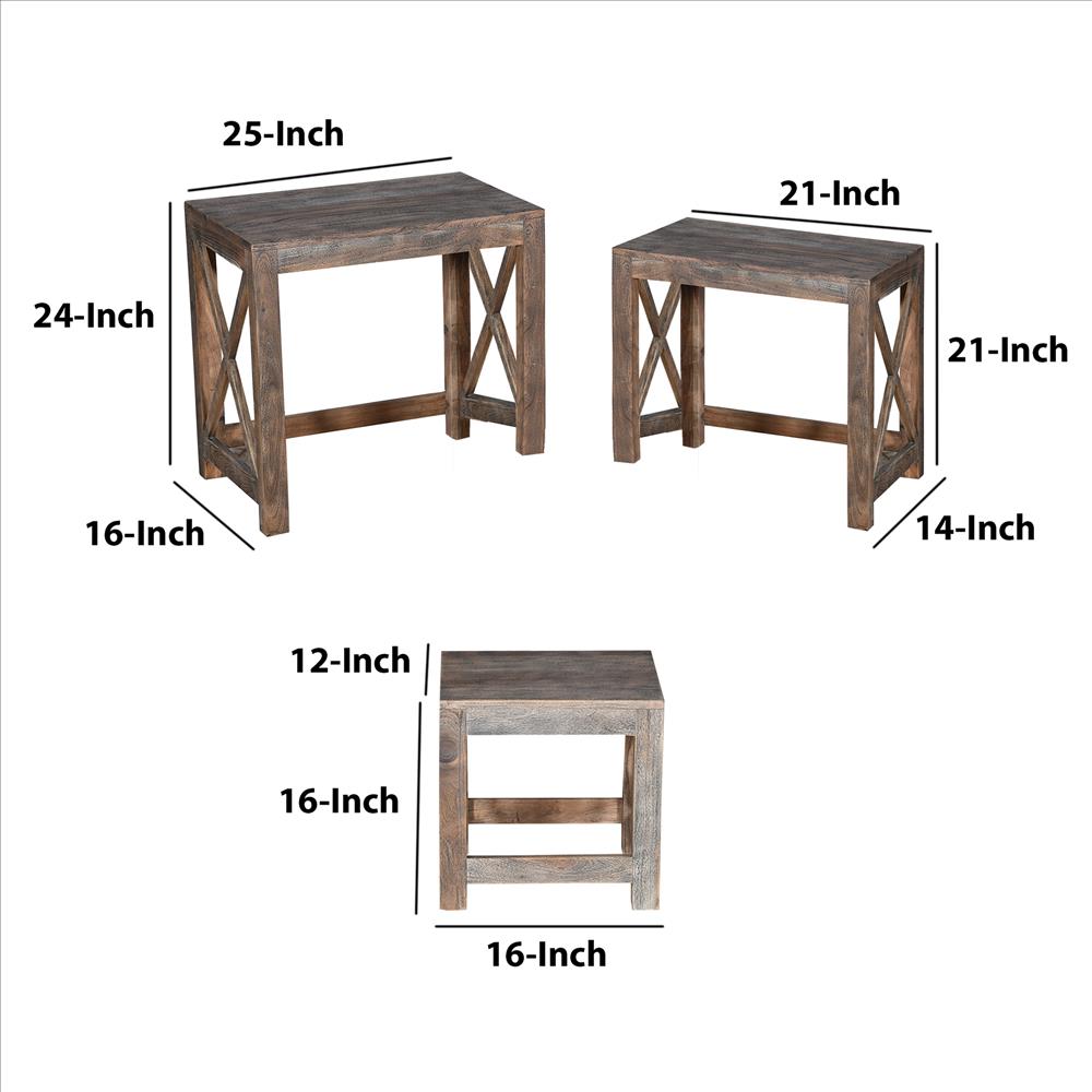 Rustic Rectangular Farmhouse Mango Wood Nesting Table with X Side Panels, Set of 3, Brown - UPT-230857