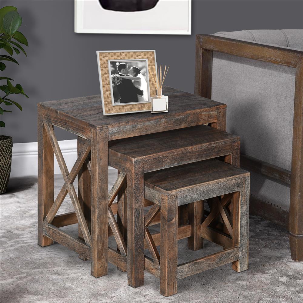 Rustic Rectangular Farmhouse Mango Wood Nesting Table with X Side Panels, Set of 3, Brown - UPT-230857