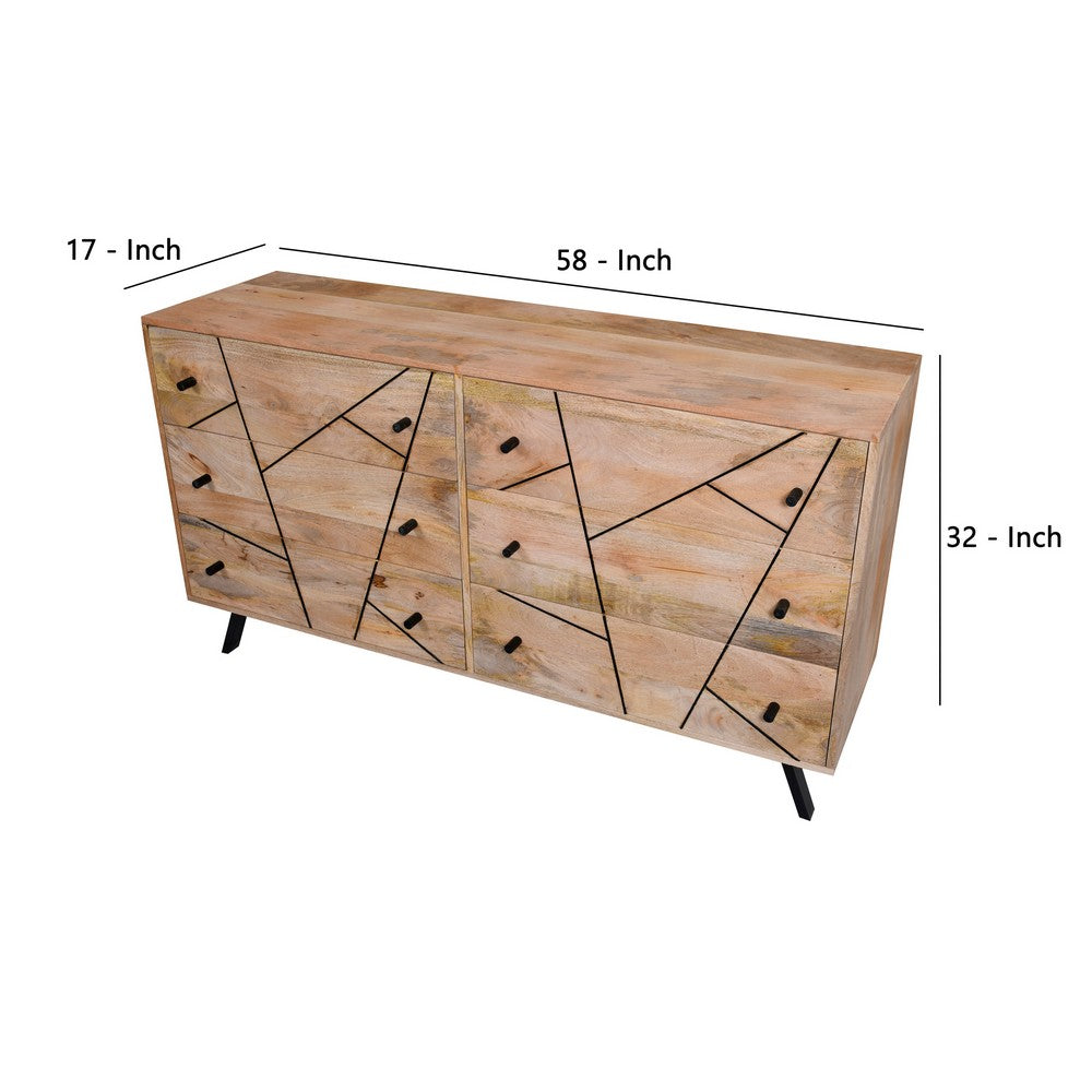 Jae 58 Inch Modern Industrial Mango Wood Dresser, 6 Drawers, Metal Frame, Brown and Black - UPT-231461