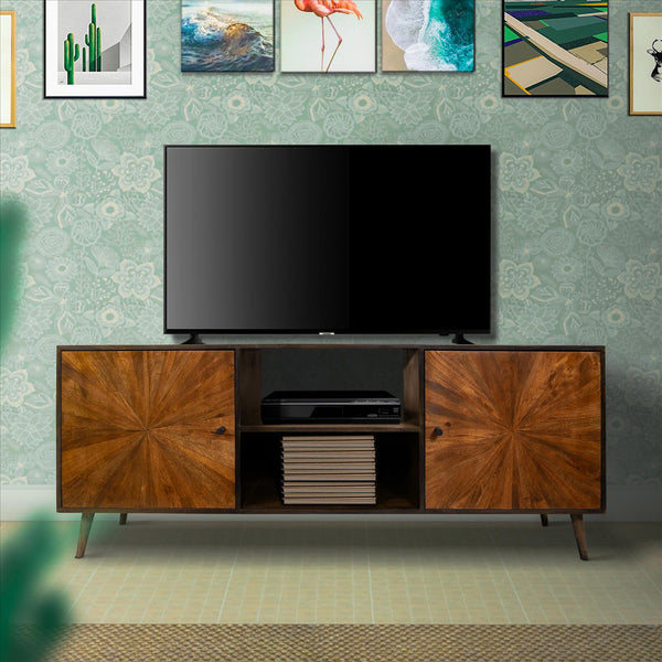 65 inch 2 Door Mid Century Modern Wooden Entertainment media TV Stand Unit, Brown -UPT-231464