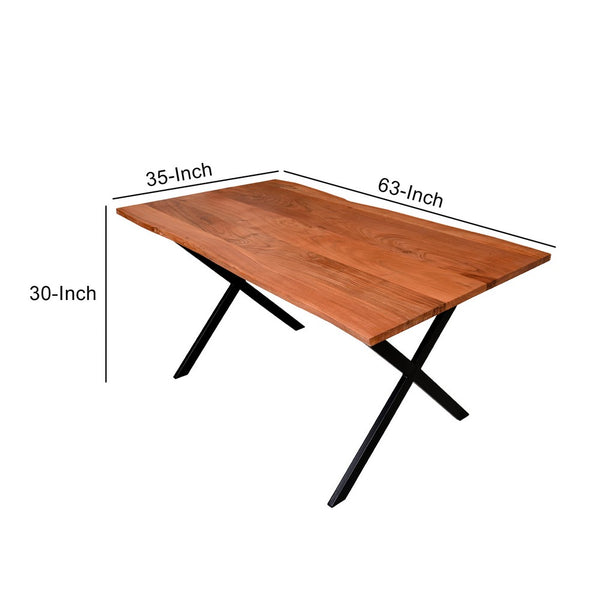 Byron 63 Inch Handcrafted Live Edge Acacia Wood Dining Table, X Shaped Metal Legs, Brown and Black - UPT-231470