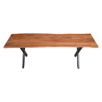 Byron 55 Inch Handcrafted Live Edge Acacia Wood Dining Bench, X Shaped Metal Legs, Brown and Black - UPT-231471