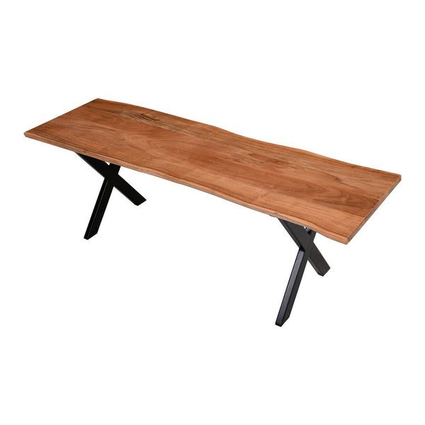 Byron 55 Inch Handcrafted Live Edge Acacia Wood Dining Bench, X Shaped Metal Legs, Brown and Black - UPT-231471