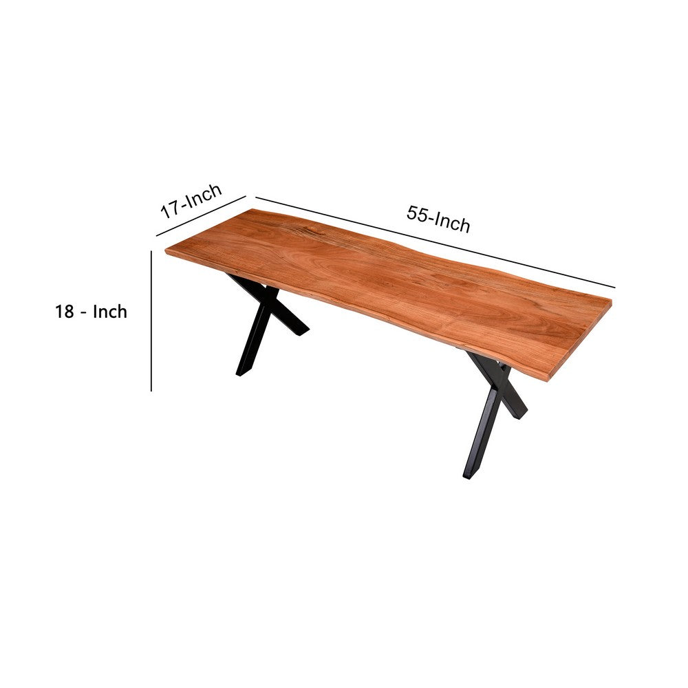 Byron 55 Inch Handcrafted Live Edge Acacia Wood Dining Bench, X Shaped Metal Legs, Brown and Black - UPT-231471