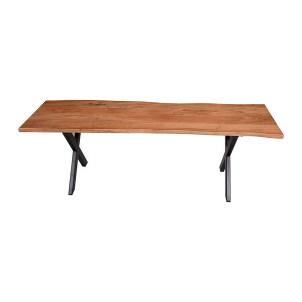 Byron 55 Inch Handcrafted Live Edge Acacia Wood Dining Bench, X Shaped Metal Legs, Brown and Black - UPT-231471