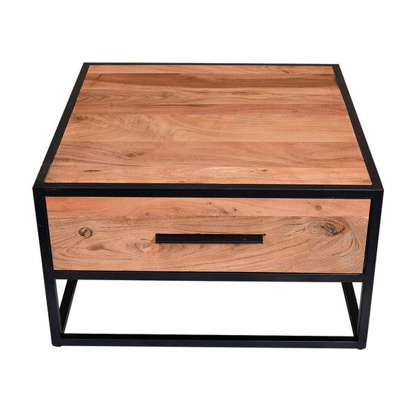 26 Inch Handcrafted Acacia Wood Accent Side End Table, Metal Frame, 1 Drawer, Black and Brown - UPT-231473