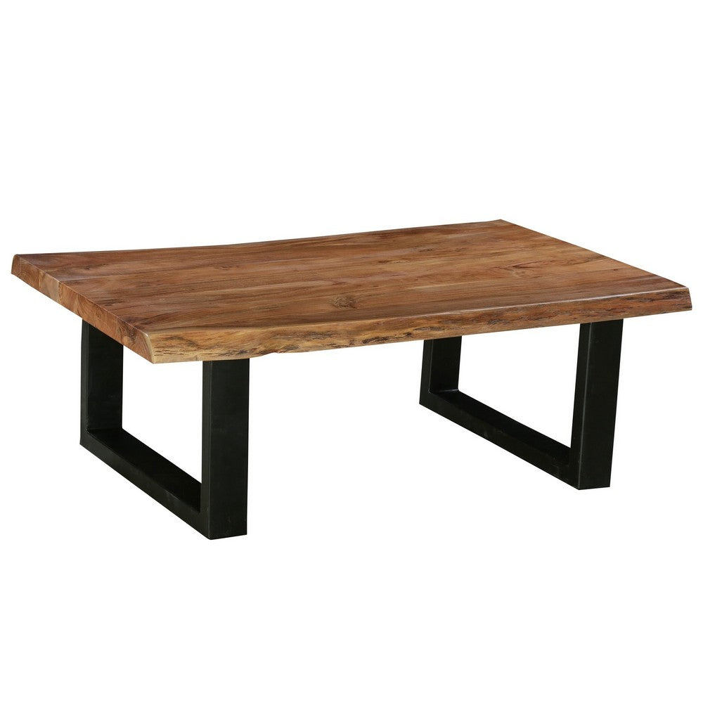 45 Inch Acacia Farmhouse Coffee Table, Live Edges, Metal Sled Base, Brown and Black - UPT-231740