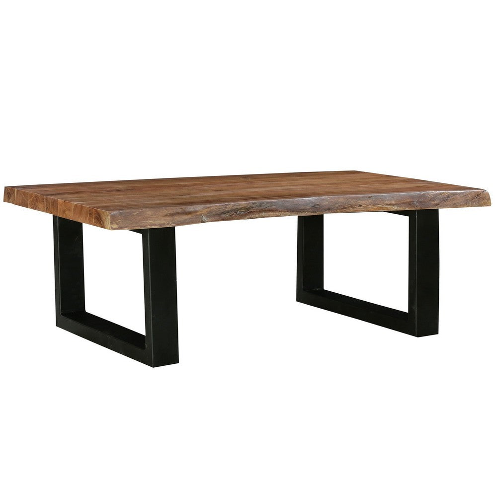 45 Inch Acacia Farmhouse Coffee Table, Live Edges, Metal Sled Base, Brown and Black - UPT-231740