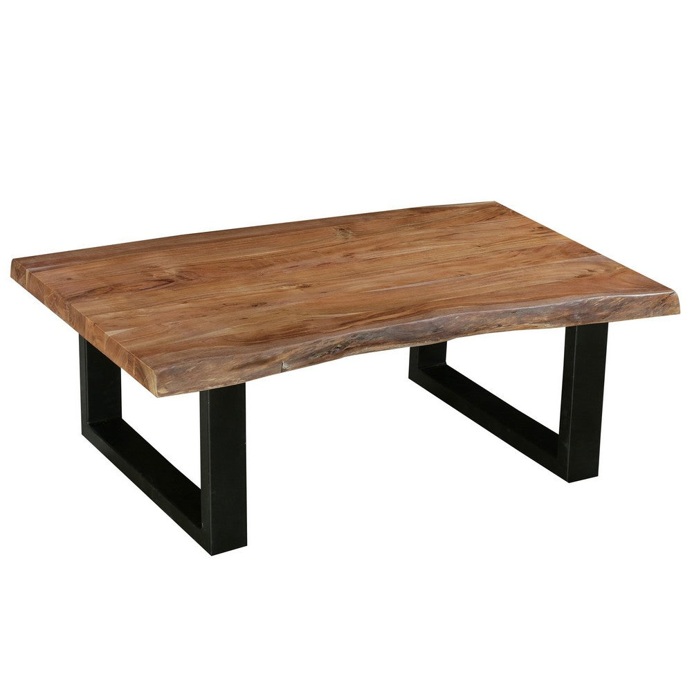 45 Inch Acacia Farmhouse Coffee Table, Live Edges, Metal Sled Base, Brown and Black - UPT-231740