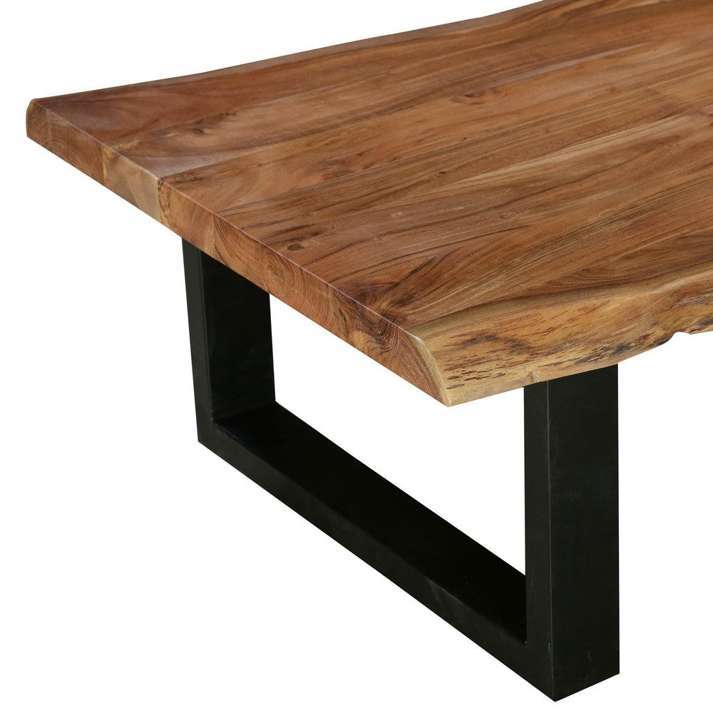 45 Inch Acacia Farmhouse Coffee Table, Live Edges, Metal Sled Base, Brown and Black - UPT-231740