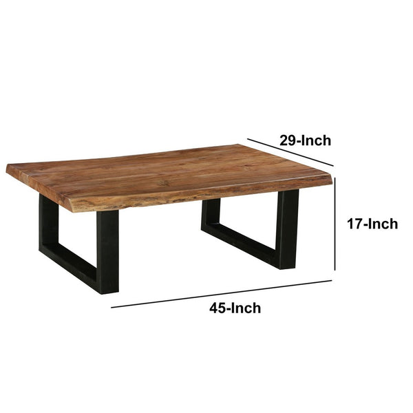 45 Inch Acacia Farmhouse Coffee Table, Live Edges, Metal Sled Base, Brown and Black - UPT-231740