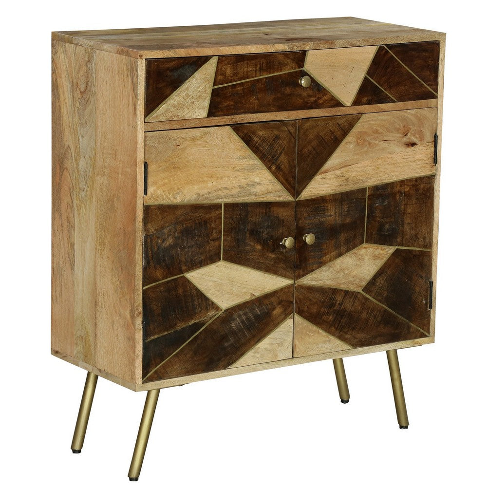 Brita 36 Inch Mango Wood Nightstand Side Table Cabinet, 2 Doors, Geometric Inlaid Design, Brown, Gold - UPT-231745