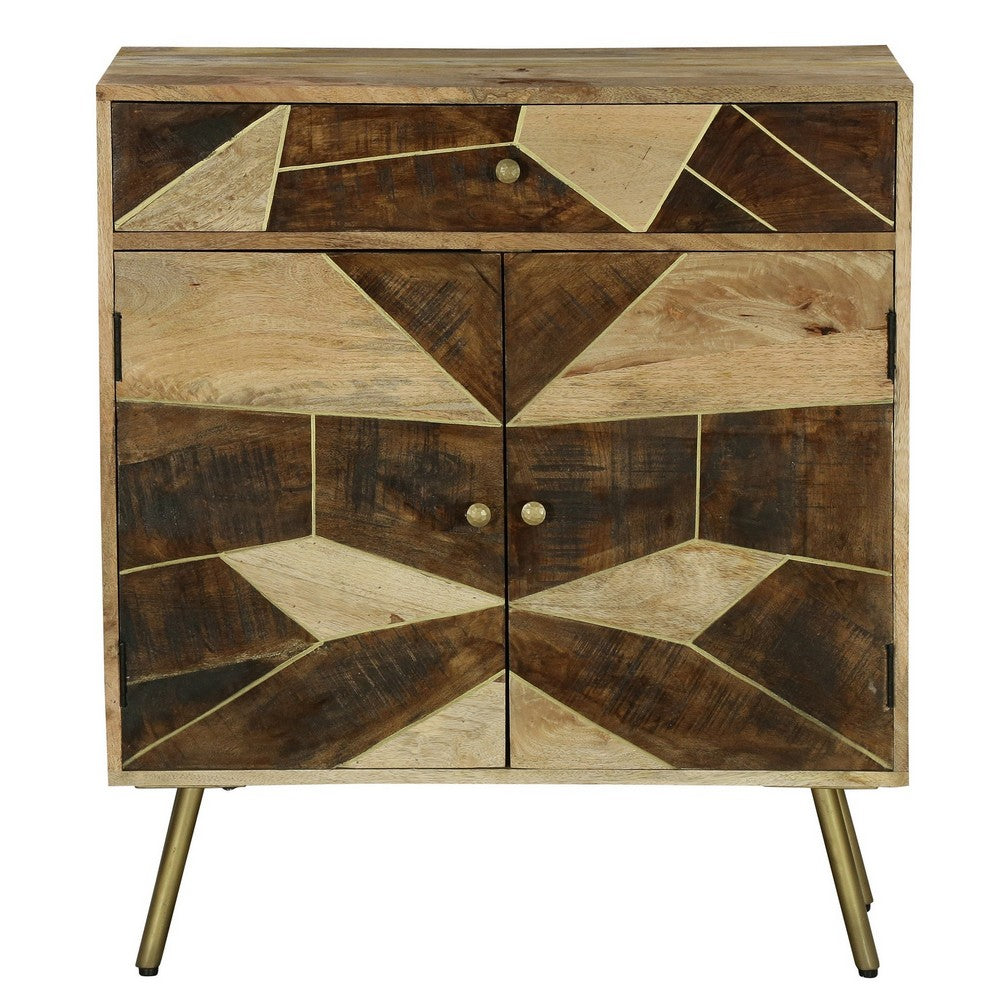 Brita 36 Inch Mango Wood Nightstand Side Table Cabinet, 2 Doors, Geometric Inlaid Design, Brown, Gold - UPT-231745