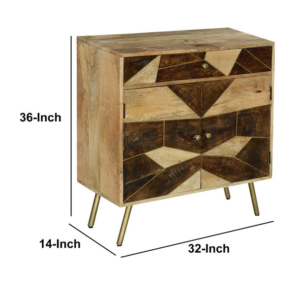 Brita 36 Inch Mango Wood Nightstand Side Table Cabinet, 2 Doors, Geometric Inlaid Design, Brown, Gold - UPT-231745
