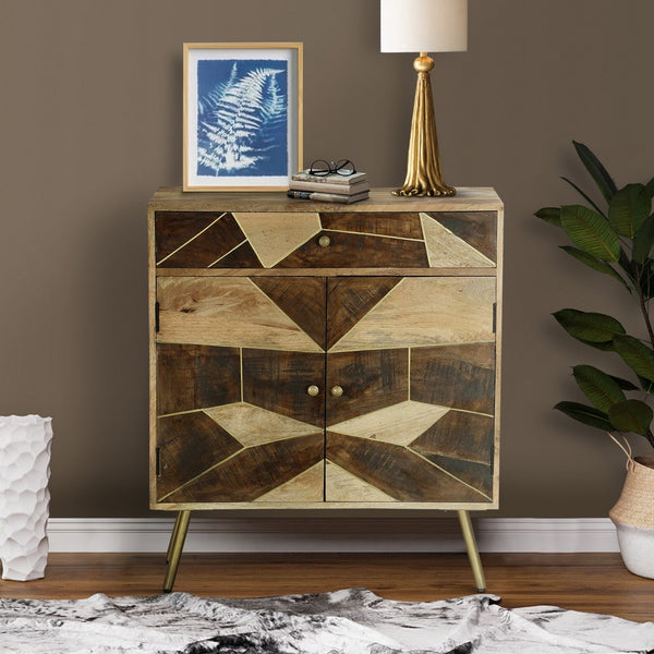 Brita 36 Inch Mango Wood Nightstand Side Table Cabinet, 2 Doors, Geometric Inlaid Design, Brown, Gold - UPT-231745