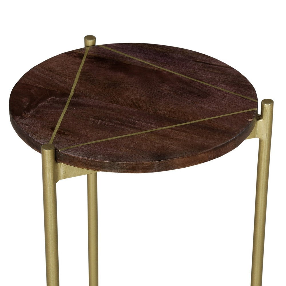 Brita 12 Inch Cocktail Accent Table, Round Wood Top, Triangular Gold Base, Brown, Brass - UPT-231747
