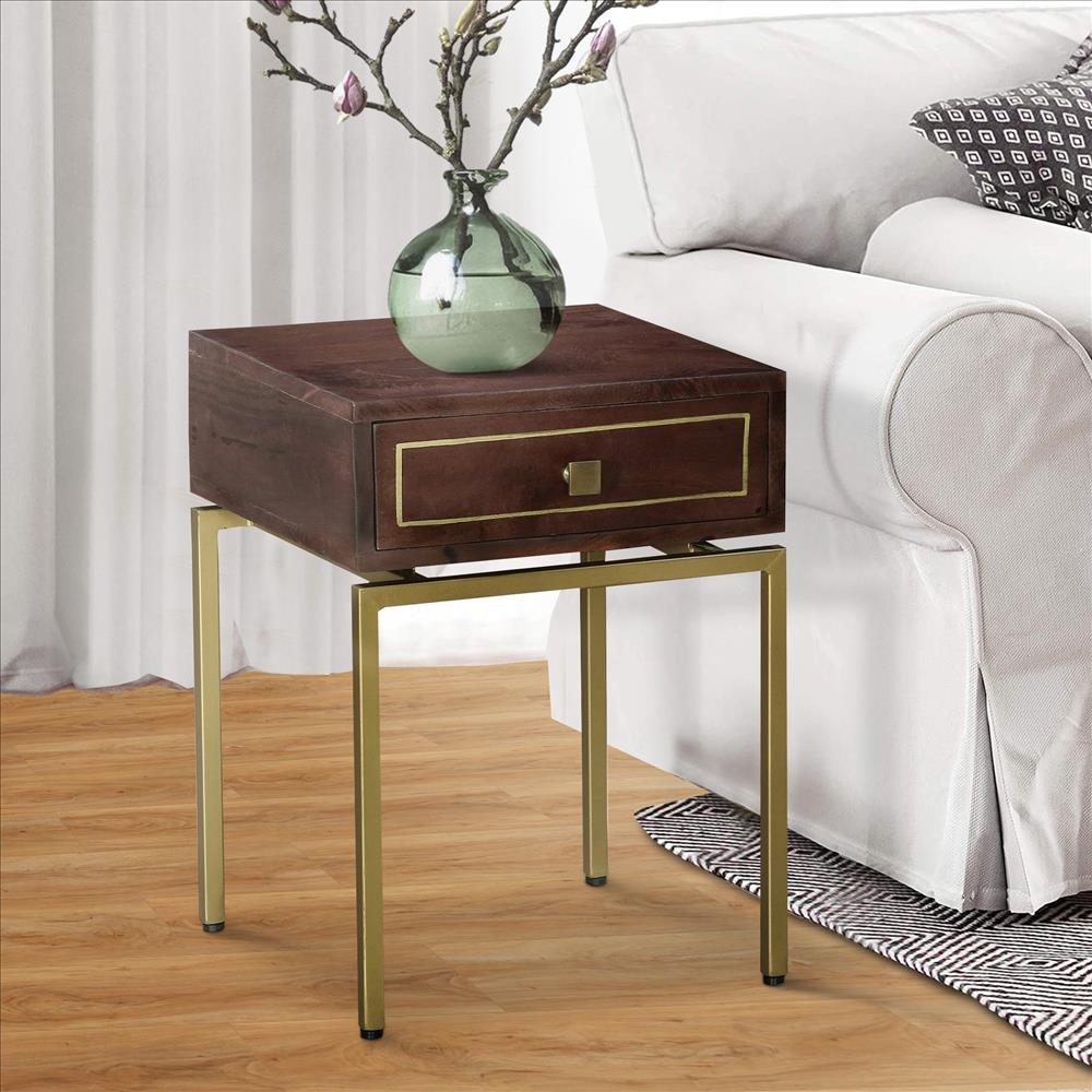 Ellis 16 Inch Side Table with 1 Drawer and Brass Metal Legs, Brown, Matte Gold - UPT-231748