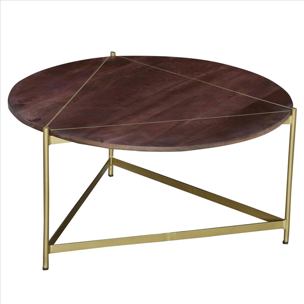 Ellis 32 Inch Round Wood Coffee Table with Brass Metal Base, Brown, Matte Gold - UPT-231750