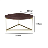 Ellis 32 Inch Round Wood Coffee Table with Brass Metal Base, Brown, Matte Gold - UPT-231750