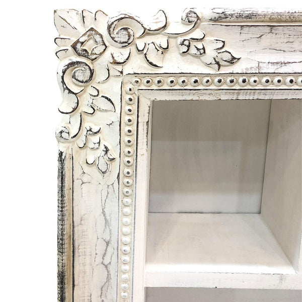 28 Inch Rectangular Wall Mount Mango Wood Shelf, 4 Compartments, Floral Carving, Distressed White - UPT-231751