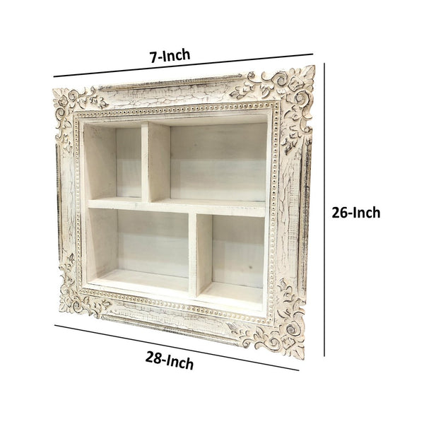 28 Inch Rectangular Wall Mount Mango Wood Shelf, 4 Compartments, Floral Carving, Distressed White - UPT-231751