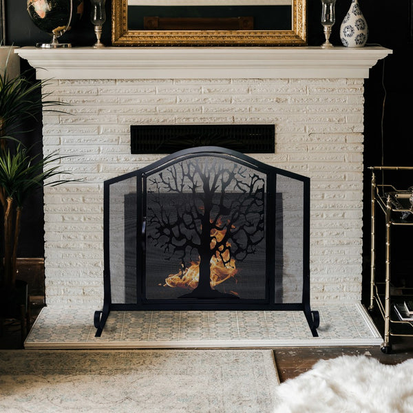 43 Inches 3 Panel Iron Fireplace Screen, Mesh Design, Arched Top, Tree of Life Art, Black - UPT-232047
