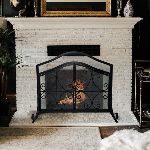 43 Inches 2 Door Iron Fireplace Screen, Mesh Design, Scrollwork, Black - UPT-232048