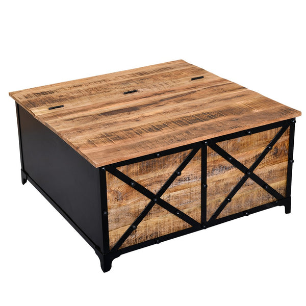 Daz 36 Inch Square Mango Wood Coffee Table with Built In Storage Trunk, Metal, Rivet Accents, Brown, Black - UPT-232505