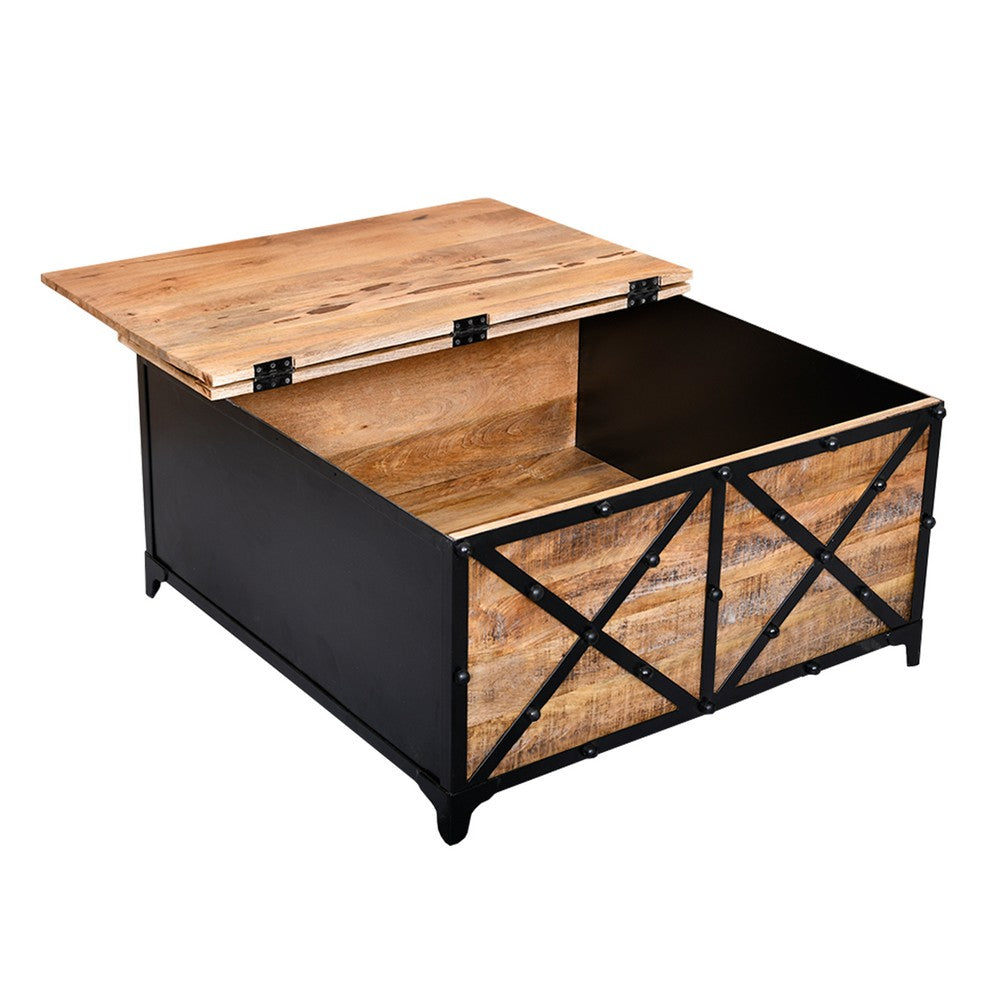 Daz 36 Inch Square Mango Wood Coffee Table with Built In Storage Trunk, Metal, Rivet Accents, Brown, Black - UPT-232505