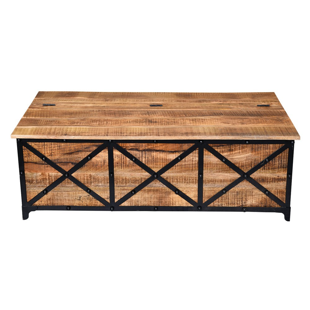 Daz 54 Inch Rectangular Mango Wood Coffee Table with Built In Storage Trunk, Metal, Rivet Accents, Brown, Black - UPT-232507