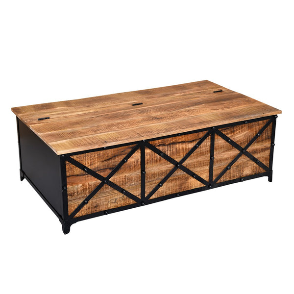 Daz 54 Inch Rectangular Mango Wood Coffee Table with Built In Storage Trunk, Metal, Rivet Accents, Brown, Black - UPT-232507