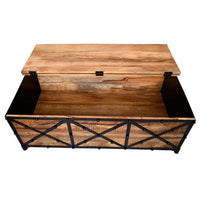 Daz 54 Inch Rectangular Mango Wood Coffee Table with Built In Storage Trunk, Metal, Rivet Accents, Brown, Black - UPT-232507