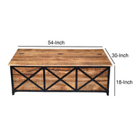 Daz 54 Inch Rectangular Mango Wood Coffee Table with Built In Storage Trunk, Metal, Rivet Accents, Brown, Black - UPT-232507