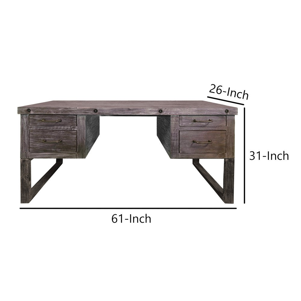 61 Inch Rustic Style Home Office Desk, Brazilian Pine, 4 Drawers, Distressed Gray - UPT-233116