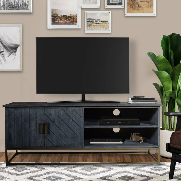 Roy 53 Inch Plank Design 2 Door Mango Wood TV Media Entertainment Cabinet Console, Metal Base, Gray - UPT-237994