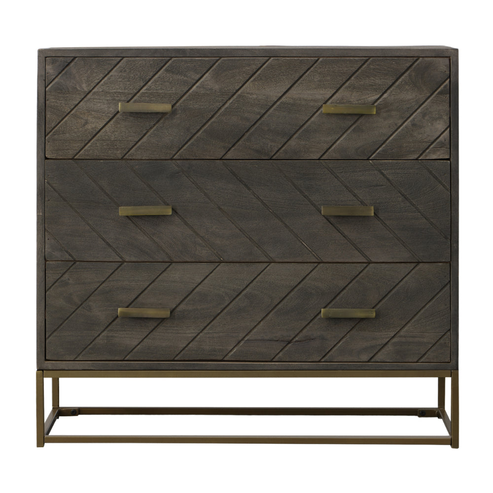 Roy 32 Inch 3 Drawer Mango Wood Dresser Chest, Rustic Bronze Metal Frame, Gray - UPT-237995