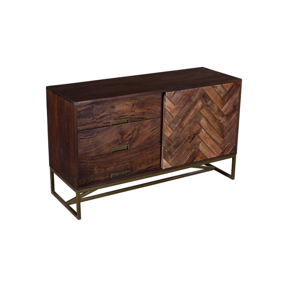 Alice 50 Inch Herringbone Inlaid 1 Door Wood Sideboard Buffet Cabinet, 3 Drawers, Metal Frame, Brown - UPT-238001