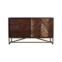 Alice 50 Inch Herringbone Inlaid 1 Door Wood Sideboard Buffet Cabinet, 3 Drawers, Metal Frame, Brown - UPT-238001